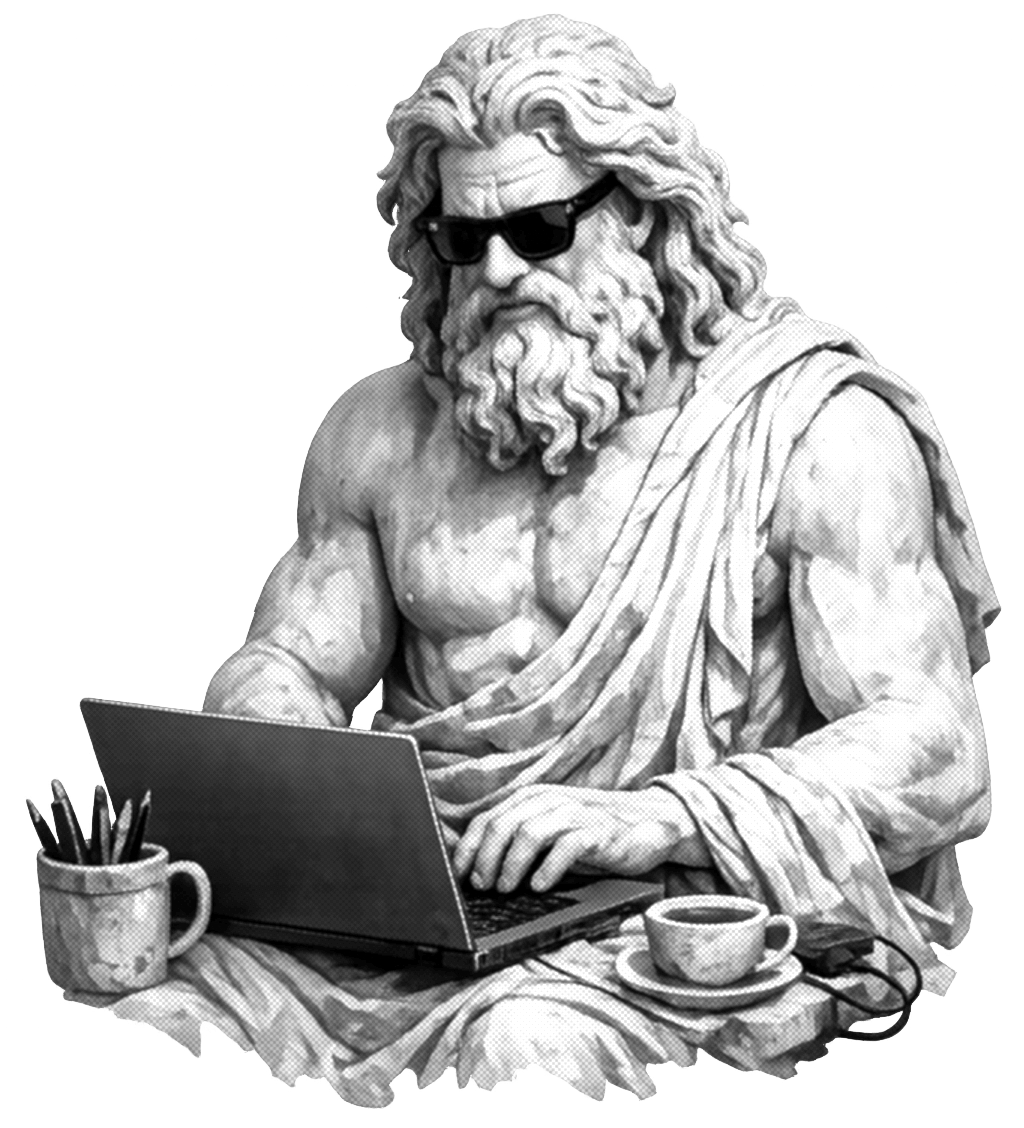 Figura clásica futurista con laptop